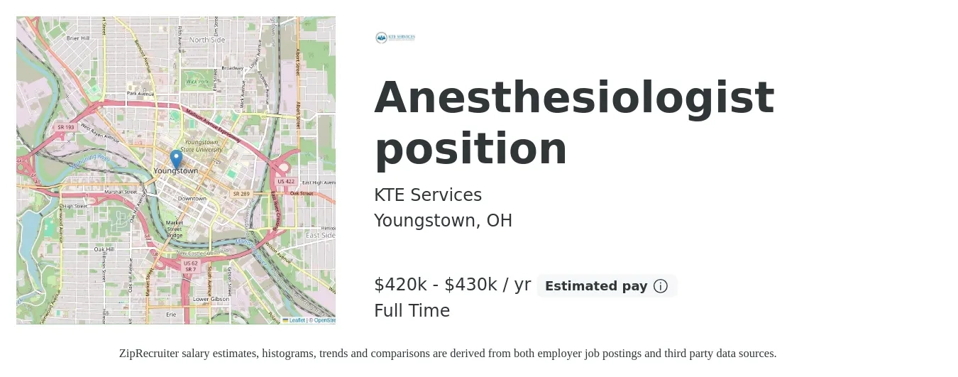 KTE Services job posting for a Anesthesiologist position in Youngstown, OH with a salary of $420,000 to $430,000 Yearly with a map of Youngstown location.