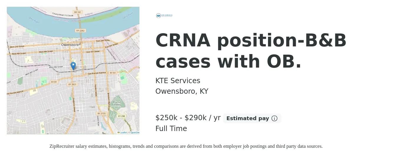 KTE Services job posting for a CRNA position-B&B cases with OB. in Owensboro, KY with a salary of $250,000 to $290,000 Yearly with a map of Owensboro location.
