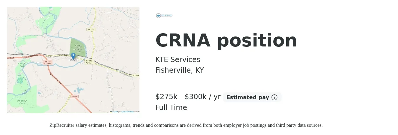 KTE Services job posting for a CRNA position in Fisherville, KY with a salary of $275,000 to $300,000 Yearly with a map of Fisherville location.