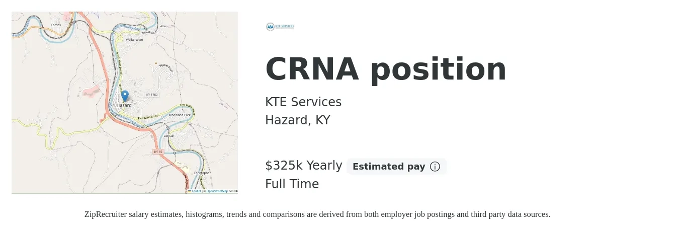 KTE Services job posting for a CRNA position in Hazard, KY with a salary of $325,000 Yearly with a map of Hazard location.