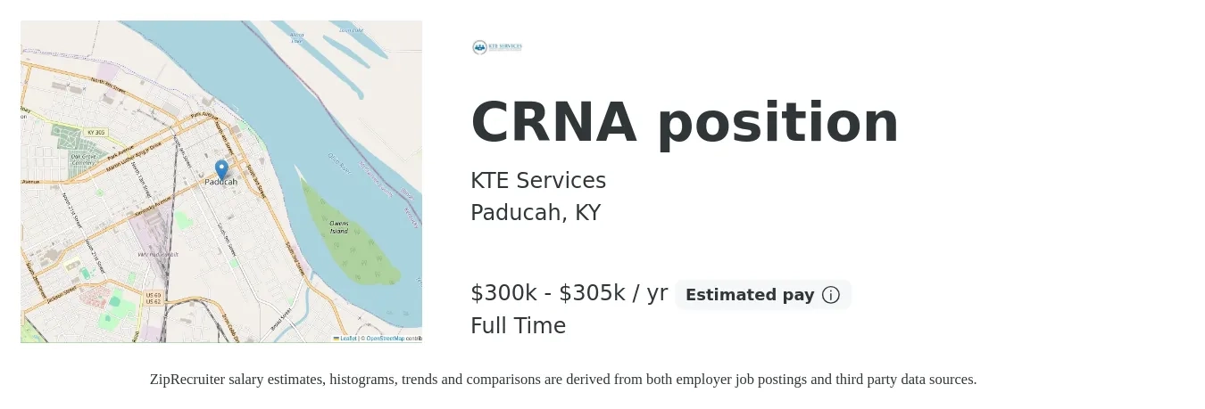 KTE Services job posting for a CRNA position in Paducah, KY with a salary of $300,000 Yearly with a map of Paducah location.