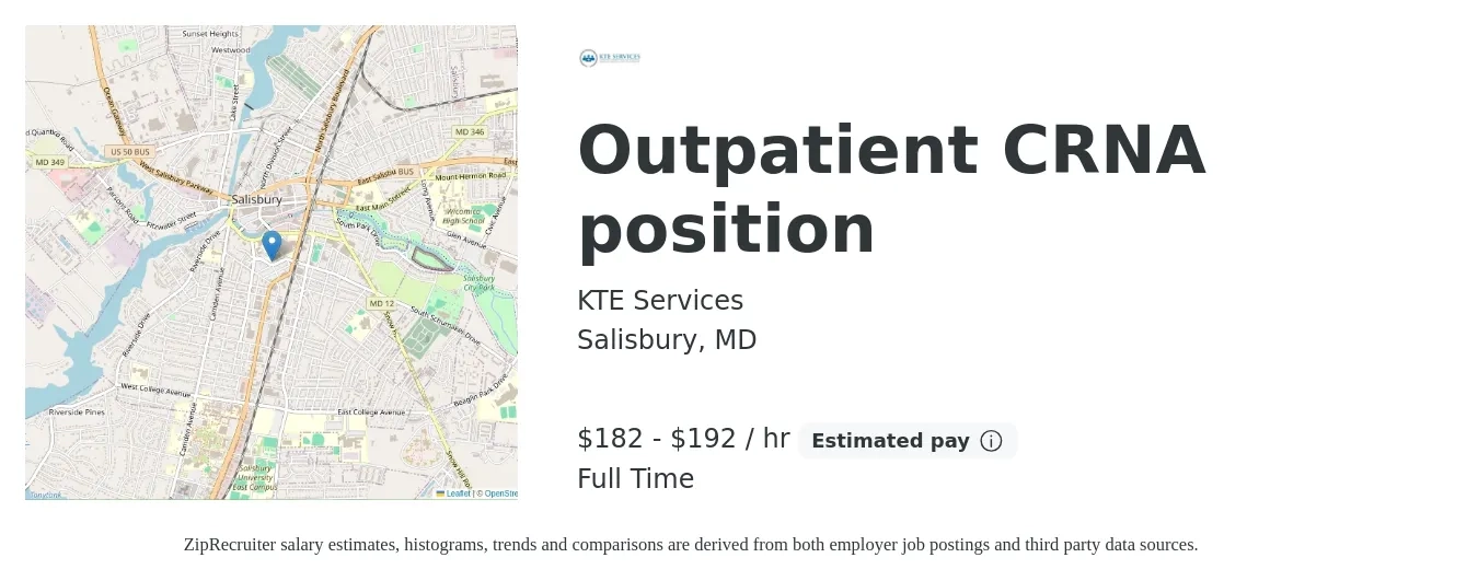 KTE Services job posting for a Outpatient CRNA position in Salisbury, MD with a salary of $190 to $200 Hourly with a map of Salisbury location.