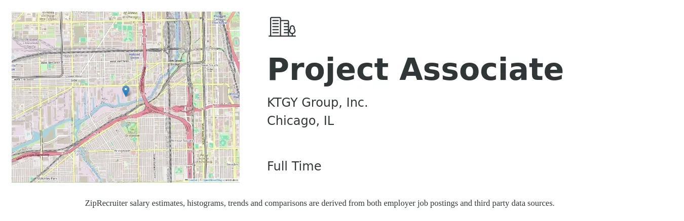 KTGY Group, Inc. job posting for a Project Associate in Chicago, IL with a salary of $22 to $38 Hourly with a map of Chicago location.