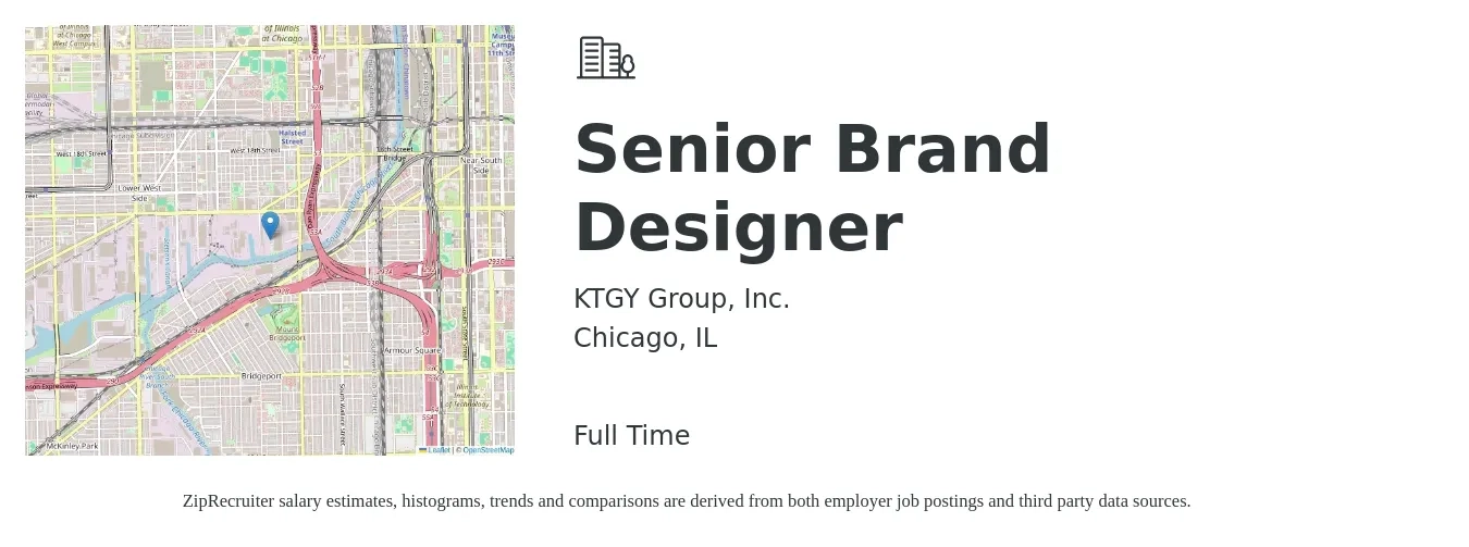 KTGY Group, Inc. job posting for a Senior Brand Designer in Chicago, IL with a salary of $105,200 to $112,400 Yearly with a map of Chicago location.
