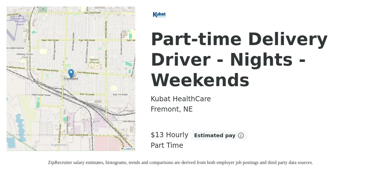 Kubat HealthCare job posting for a Part-time Delivery Driver - Nights - Weekends in Fremont, NE with a salary of $14 Hourly with a map of Fremont location.