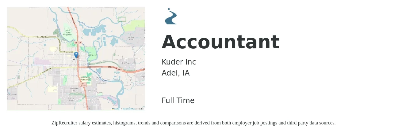 Kuder Inc job posting for a Accountant in Adel, IA with a salary of $54,200 to $79,500 Yearly with a map of Adel location.