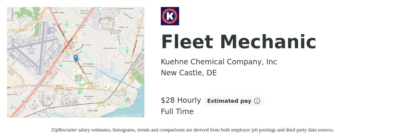 Kuehne Chemical Company, Inc job posting for a Fleet Mechanic in New Castle, DE with a salary of $30 Hourly with a map of New Castle location.