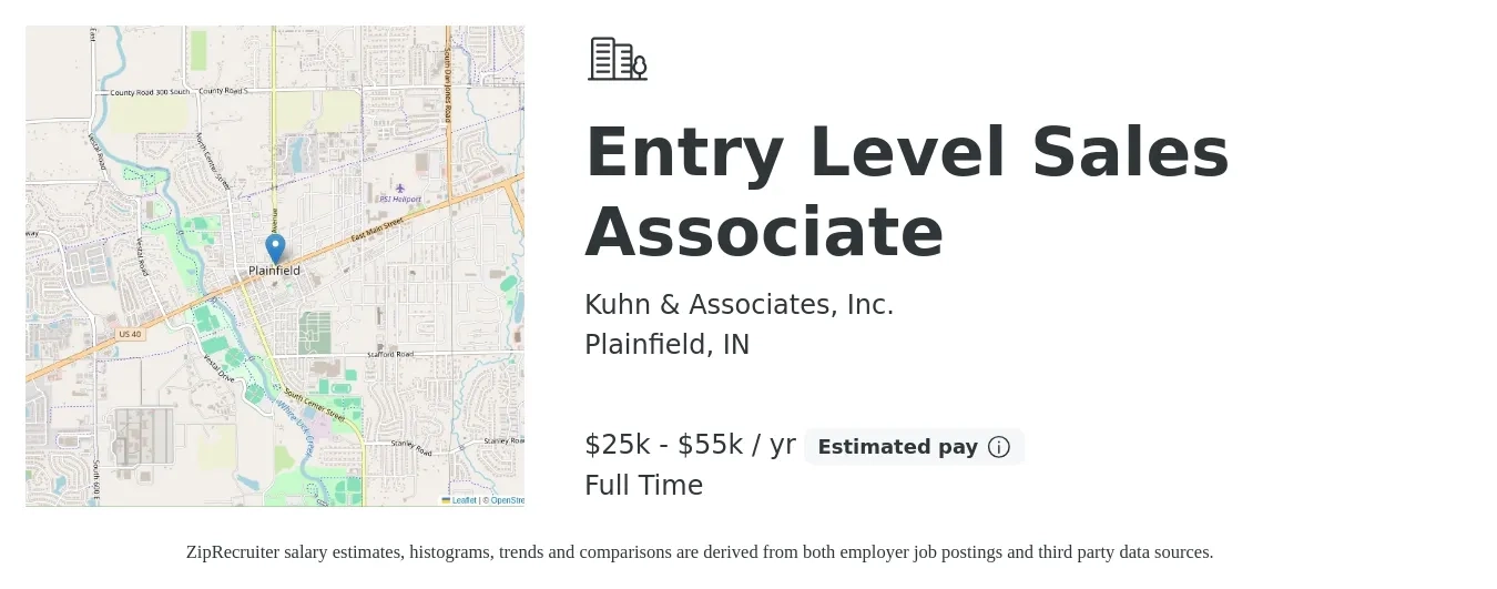 Kuhn & Associates, Inc. job posting for a Entry Level Sales Associate in Plainfield, IN with a salary of $25,000 to $55,000 Yearly with a map of Plainfield location.
