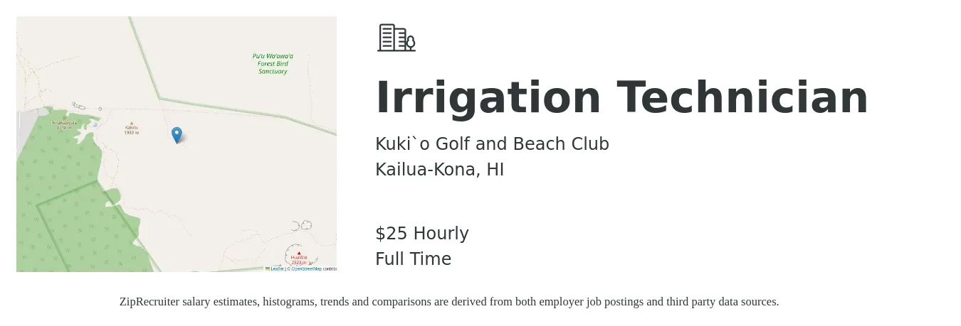 Kuki`o Golf and Beach Club job posting for a Irrigation Technician in Kailua-Kona, HI with a salary of $27 Hourly with a map of Kailua-Kona location.