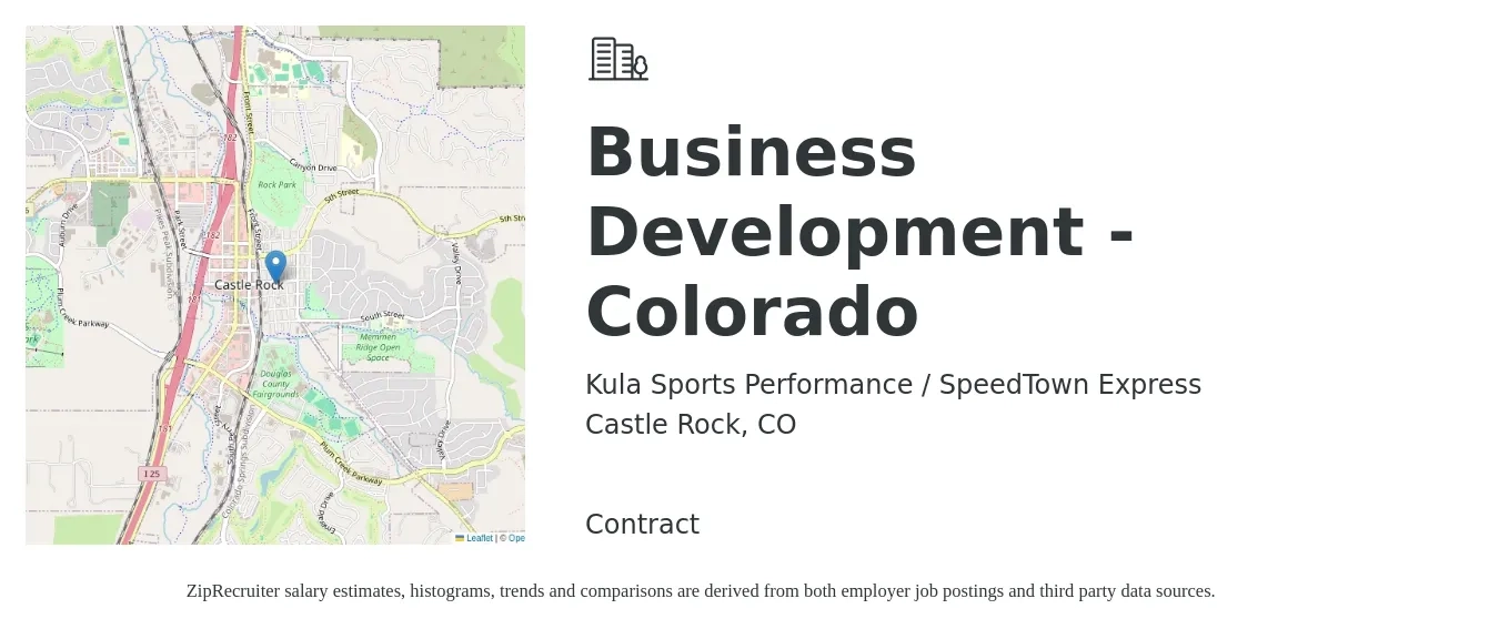 Kula Sports Performance / SpeedTown Express job posting for a Business Development - Colorado in Castle Rock, CO with a salary of $51,100 to $80,300 Yearly with a map of Castle Rock location.