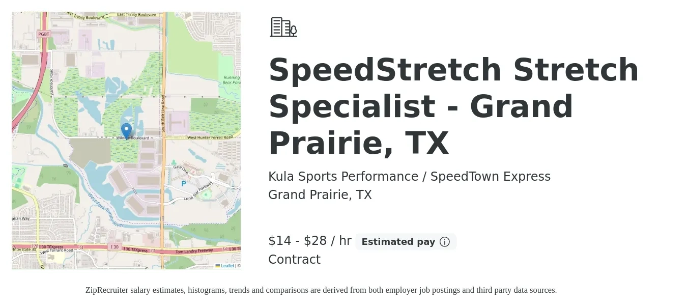 Kula Sports Performance / SpeedTown Express job posting for a SpeedStretch Stretch Specialist - Grand Prairie, TX in Grand Prairie, TX with a salary of $15 to $30 Hourly with a map of Grand Prairie location.
