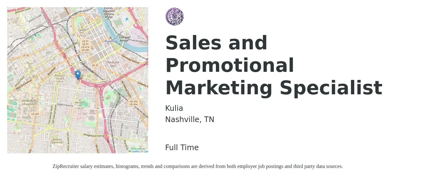 Kulia job posting for a Sales and Promotional Marketing Specialist in Nashville, TN with a salary of $795 to $1,285 Weekly with a map of Nashville location.