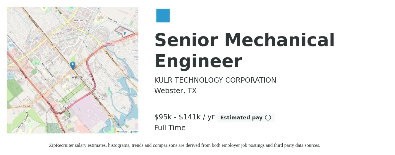 KULR TECHNOLOGY CORPORATION job posting for a Senior Mechanical Engineer in Webster, TX with a salary of $95,000 to $141,400 Yearly with a map of Webster location.