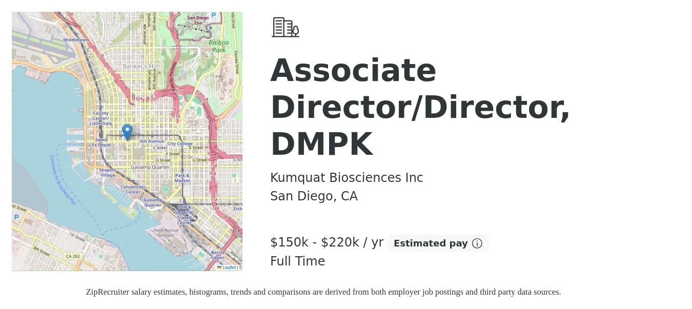 Kumquat Biosciences Inc job posting for a Associate Director/Director, DMPK in San Diego, CA with a salary of $150,000 to $220,000 Yearly with a map of San Diego location.