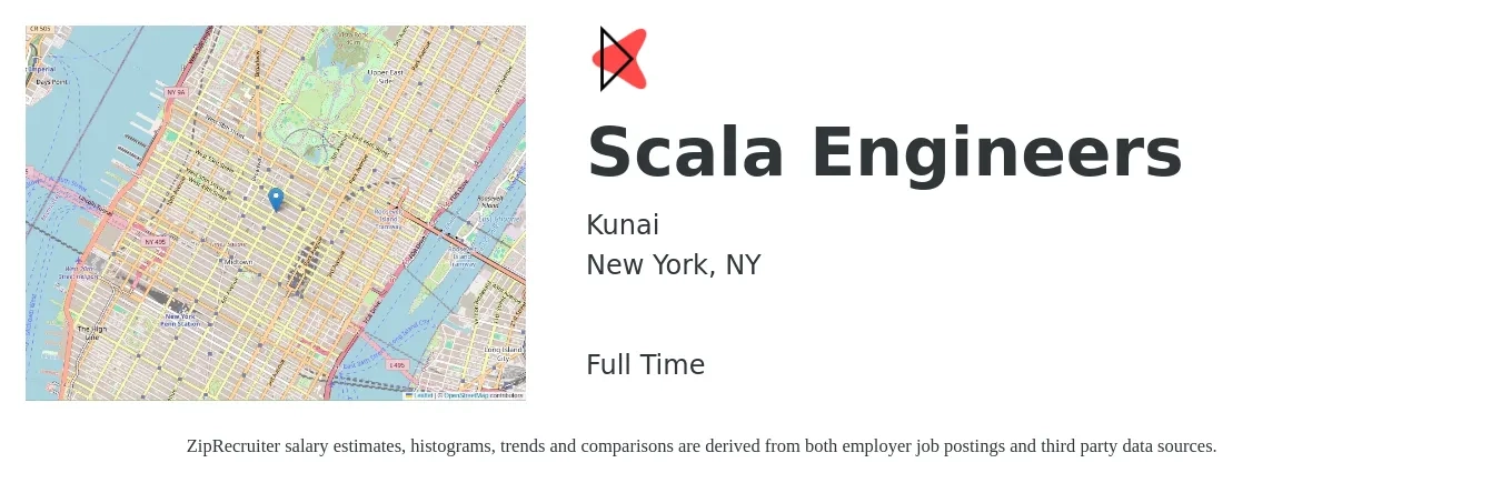 Kunai job posting for a Scala Engineers in New York, NY with a salary of $61 to $81 Hourly with a map of New York location.