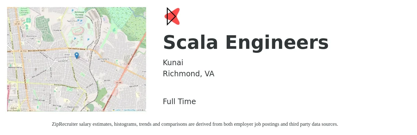 Kunai job posting for a Scala Engineers in Richmond, VA with a salary of $55 to $73 Hourly with a map of Richmond location.