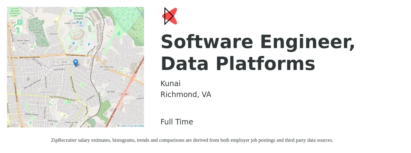 Kunai job posting for a Software Engineer, Data Platforms in Richmond, VA with a salary of $113,300 to $136,100 Yearly with a map of Richmond location.