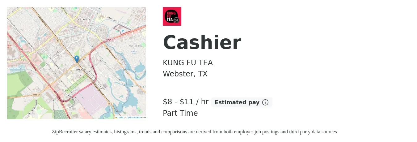 KUNG FU TEA job posting for a Cashier in Webster, TX with a salary of $9 to $12 Hourly with a map of Webster location.