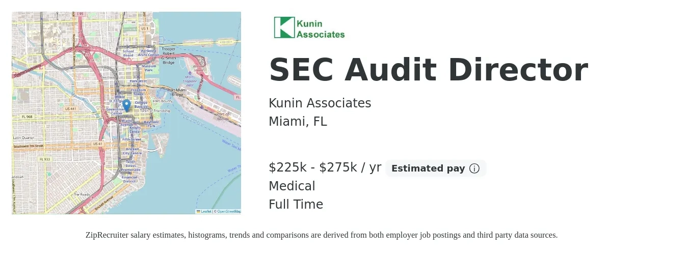 Kunin Associates job posting for a SEC Audit Director in Miami, FL with a salary of $225,000 to $275,000 Yearly and benefits including medical with a map of Miami location.
