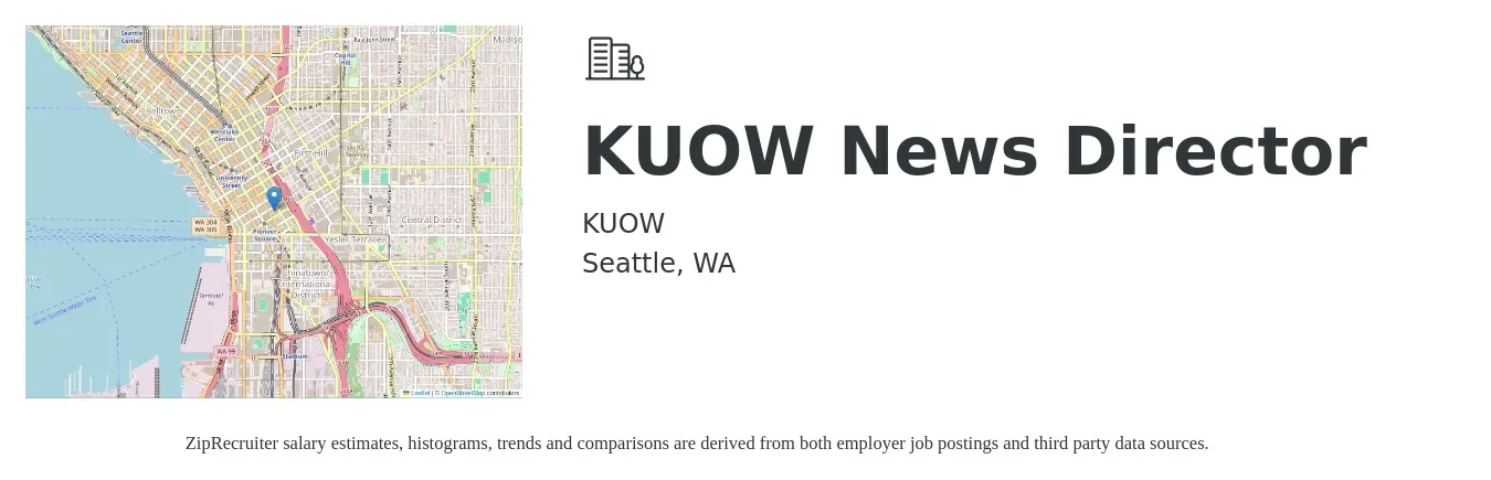 KUOW job posting for a KUOW News Director in Seattle, WA with a salary of $11,250 to $12,500 Monthly with a map of Seattle location.