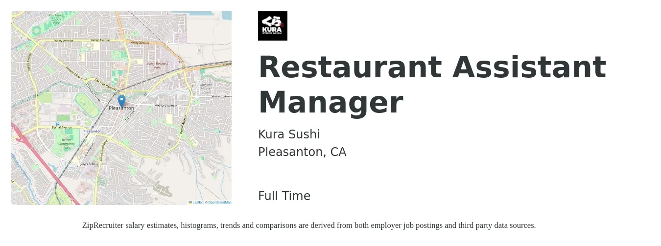 Kura Sushi job posting for a Restaurant Assistant Manager in Pleasanton, CA with a salary of $19 to $27 Hourly with a map of Pleasanton location.