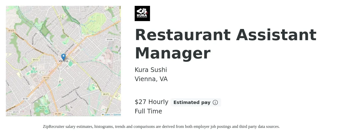 Kura Sushi job posting for a Restaurant Assistant Manager in Vienna, VA with a salary of $29 Hourly with a map of Vienna location.