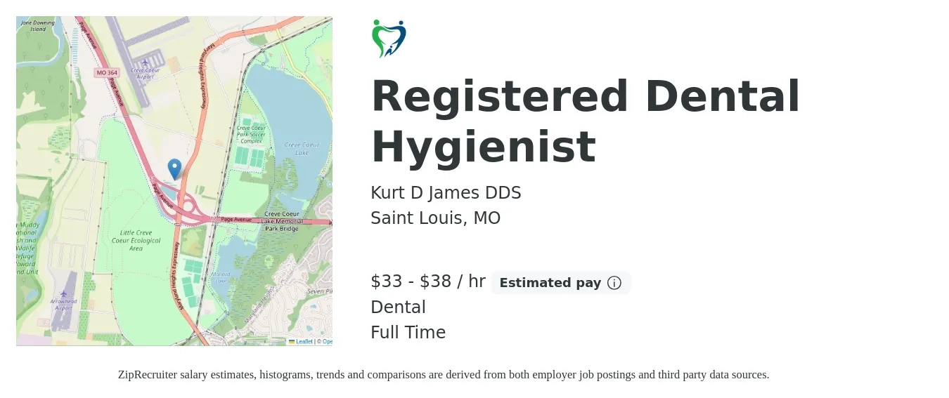 Kurt D James DDS job posting for a Registered Dental Hygienist in Saint Louis, MO with a salary of $35 to $40 Hourly and benefits including pto, retirement, and dental with a map of Saint Louis location.