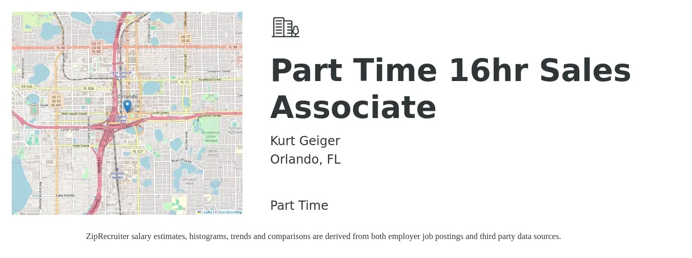 Kurt Geiger job posting for a Part Time 16hr Sales Associate in Orlando, FL with a salary of $14 to $16 Hourly with a map of Orlando location.