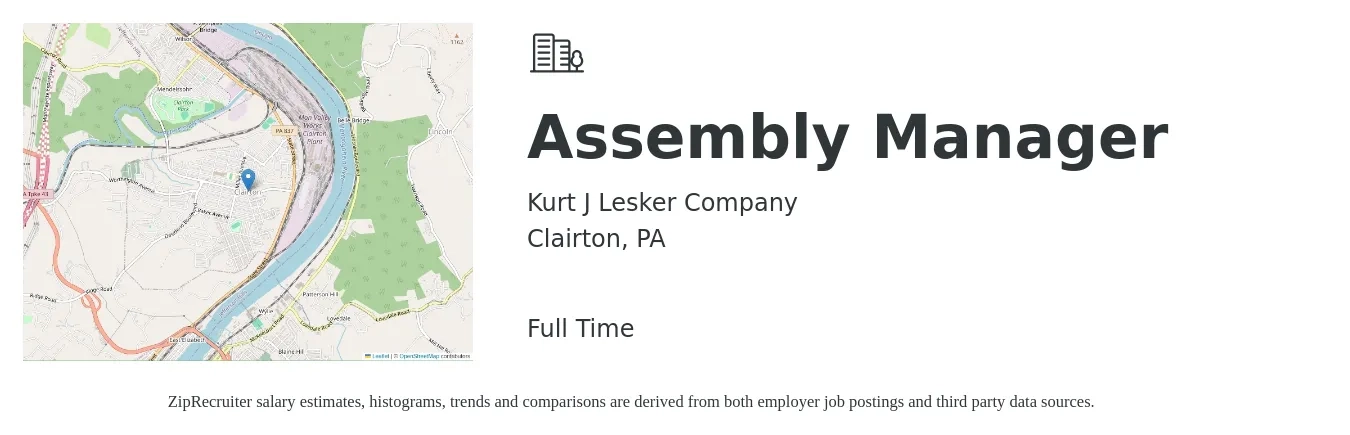 Kurt J Lesker Company job posting for a Assembly Manager in Clairton, PA with a salary of $24 to $35 Hourly with a map of Clairton location.