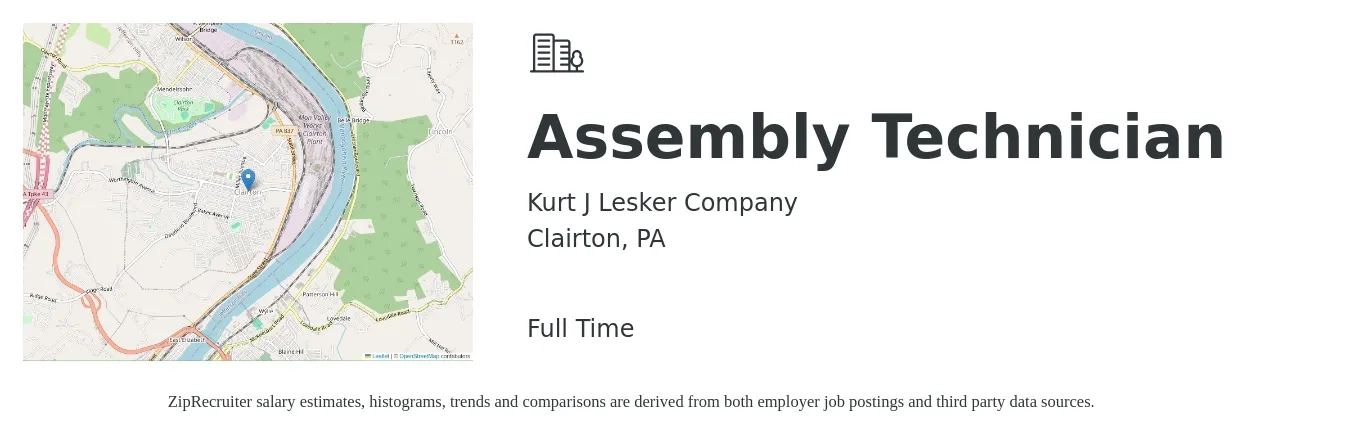 Kurt J Lesker Company job posting for a Assembly Technician in Clairton, PA with a salary of $16 to $20 Hourly with a map of Clairton location.