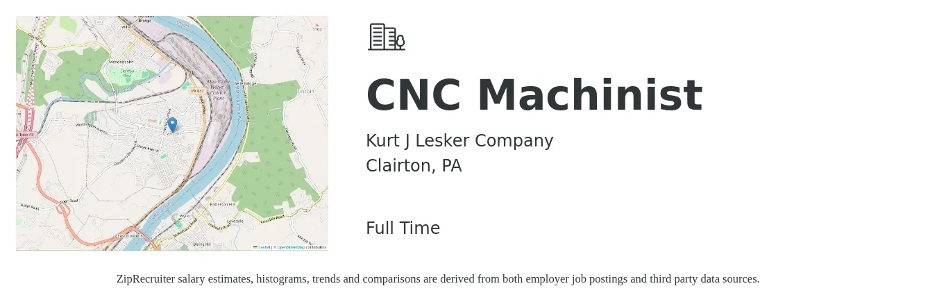 Kurt J Lesker Company job posting for a CNC Machinist in Clairton, PA with a salary of $18 to $25 Hourly with a map of Clairton location.