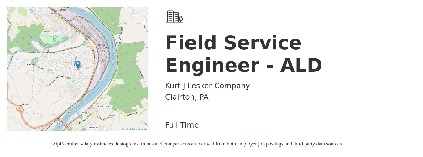 Kurt J Lesker Company job posting for a Field Service Engineer - ALD in Clairton, PA with a salary of $51,300 to $76,000 Yearly with a map of Clairton location.
