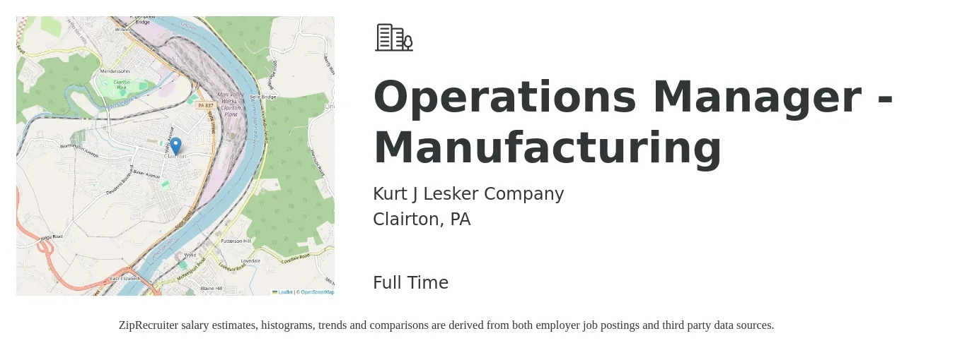 Kurt J Lesker Company job posting for a Operations Manager - Manufacturing in Clairton, PA with a salary of $70,600 to $115,600 Yearly with a map of Clairton location.