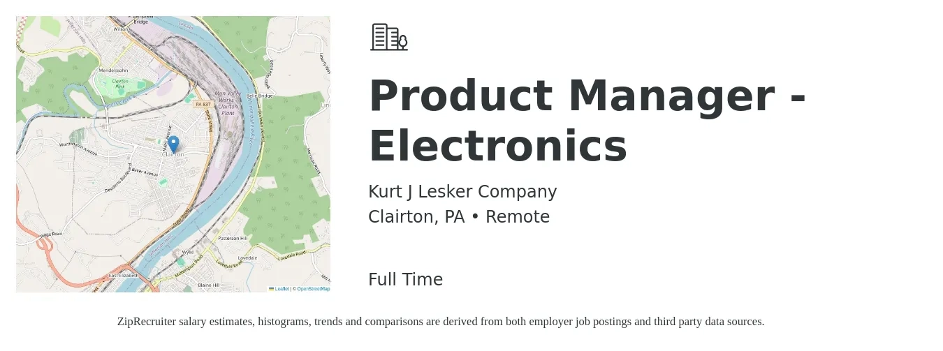 Kurt J Lesker Company job posting for a Product Manager - Electronics in Clairton, PA with a salary of $126,800 to $177,200 Yearly with a map of Clairton location.