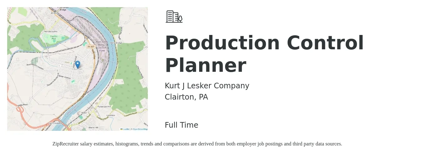 Kurt J Lesker Company job posting for a Production Control Planner in Clairton, PA with a salary of $24 to $33 Hourly with a map of Clairton location.