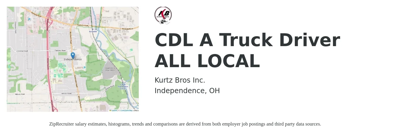 Kurtz Bros Inc. job posting for a CDL A Truck Driver ALL LOCAL in Independence, OH with a salary of $23 Hourly with a map of Independence location.