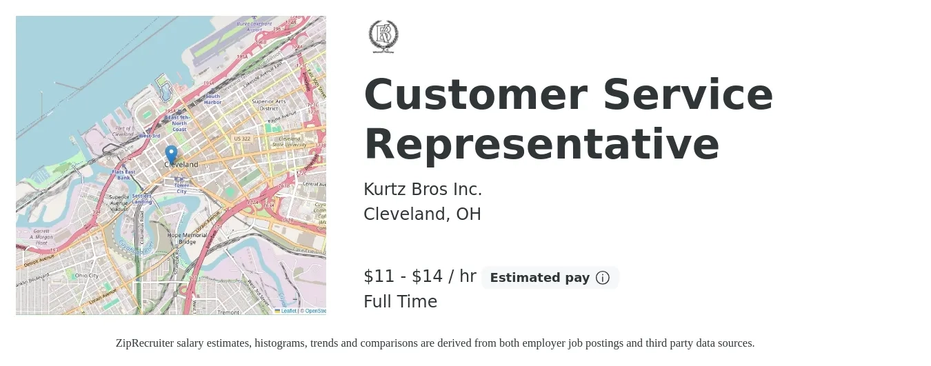 Kurtz Bros Inc. job posting for a Customer Service Representative in Cleveland, OH with a salary of $12 to $15 Hourly with a map of Cleveland location.