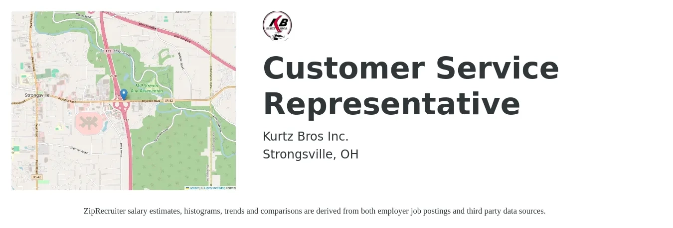 Kurtz Bros Inc. job posting for a Customer Service Representative in Strongsville, OH with a salary of $12 to $15 Hourly with a map of Strongsville location.