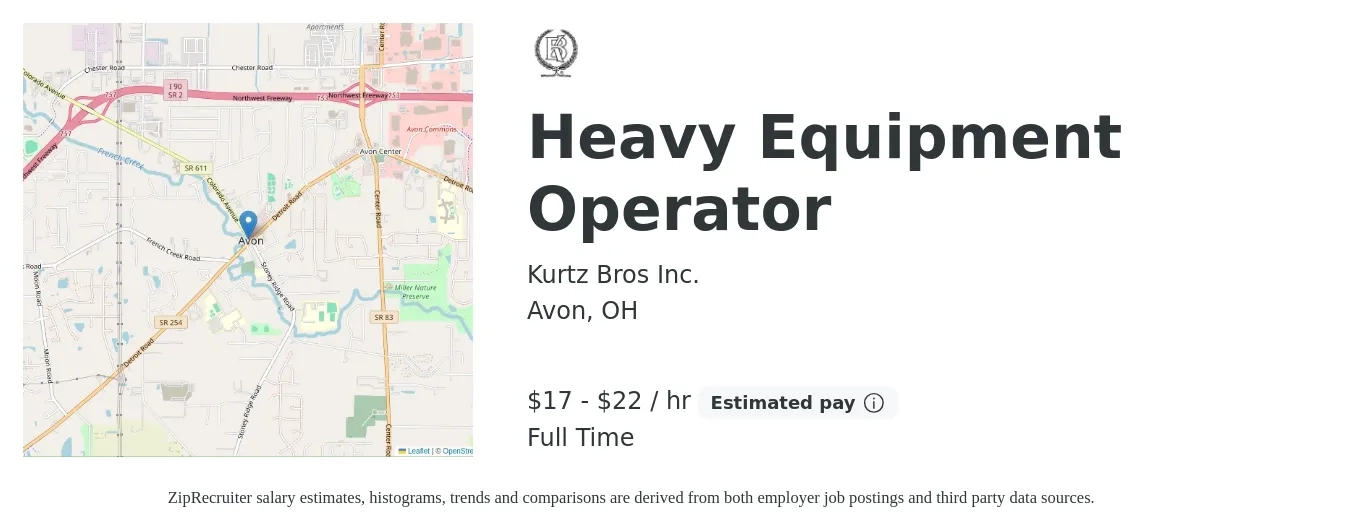 Kurtz Bros Inc. job posting for a Heavy Equipment Operator in Avon, OH with a salary of $18 to $23 Hourly with a map of Avon location.