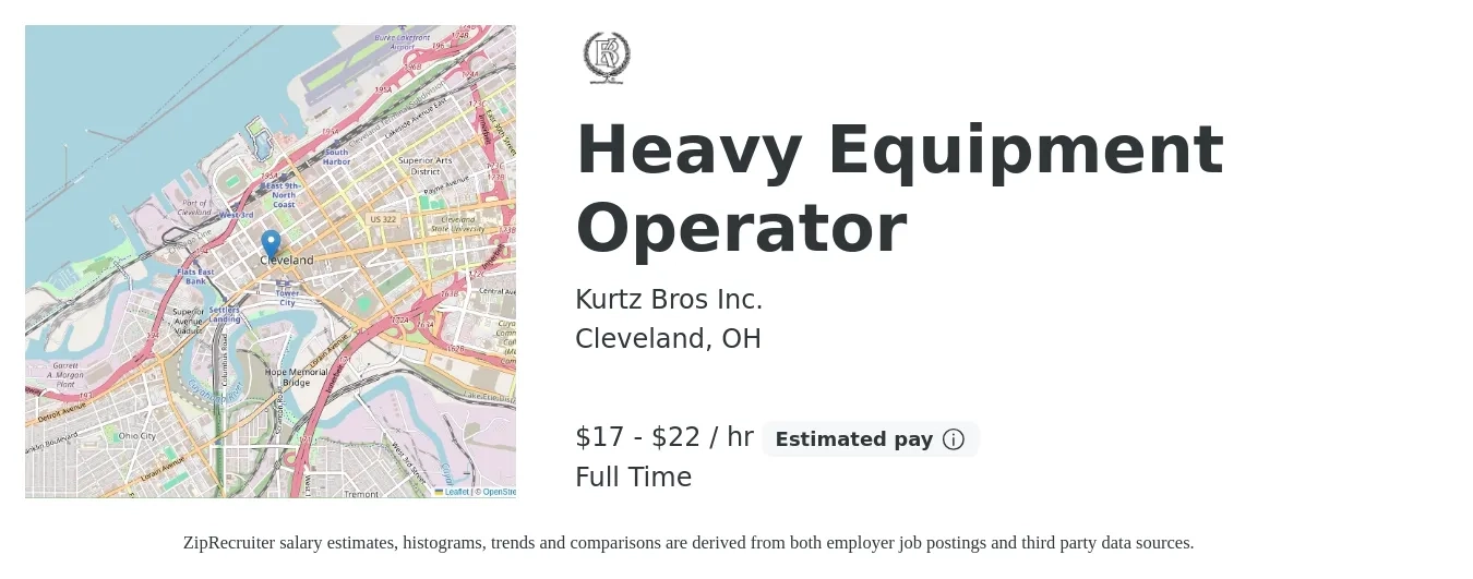 Kurtz Bros Inc. job posting for a Heavy Equipment Operator in Cleveland, OH with a salary of $18 to $23 Hourly with a map of Cleveland location.