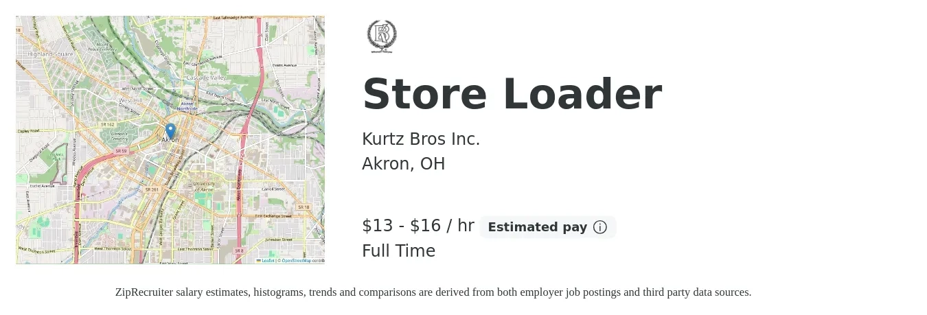 Kurtz Bros Inc. job posting for a Store Loader in Akron, OH with a salary of $14 to $17 Hourly with a map of Akron location.