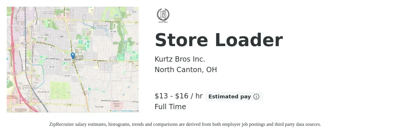 Kurtz Bros Inc. job posting for a Store Loader in North Canton, OH with a salary of $14 to $17 Hourly with a map of North Canton location.