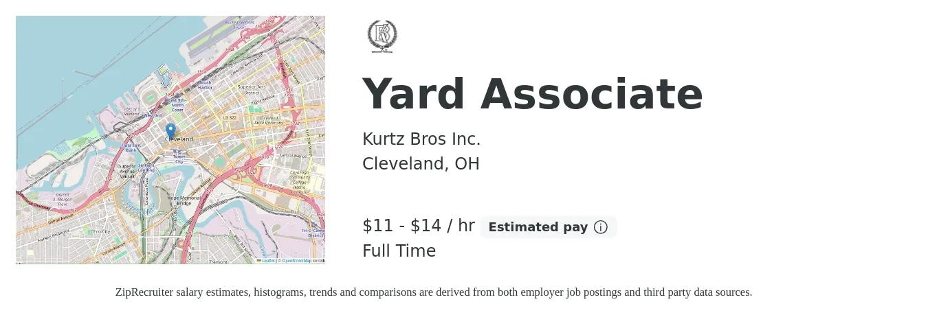 Kurtz Bros Inc. job posting for a Yard Associate in Cleveland, OH with a salary of $12 to $15 Hourly with a map of Cleveland location.