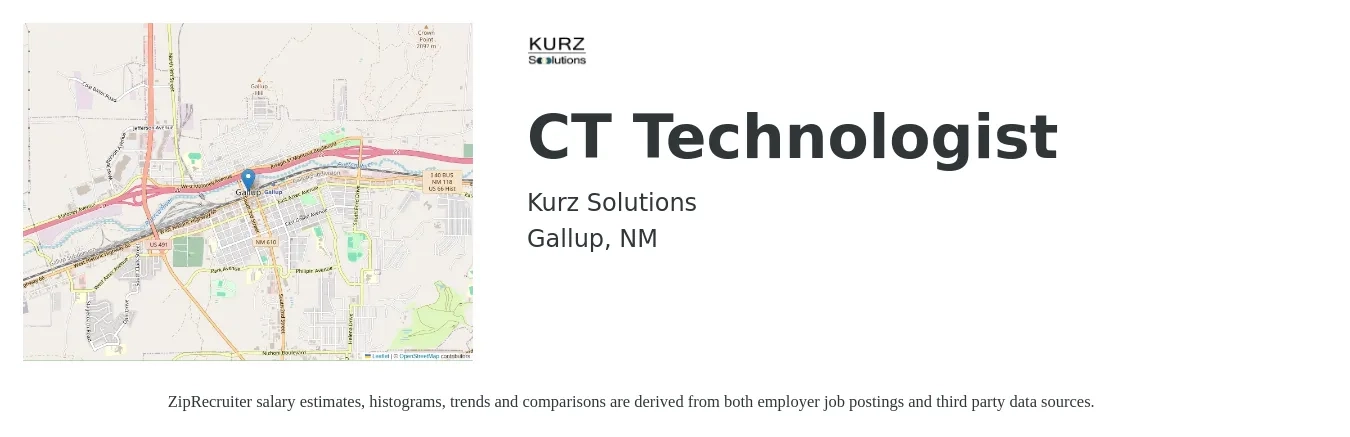 Kurz Solutions job posting for a CT Technologist in Gallup, NM with a salary of $1,820 to $2,550 Weekly with a map of Gallup location.