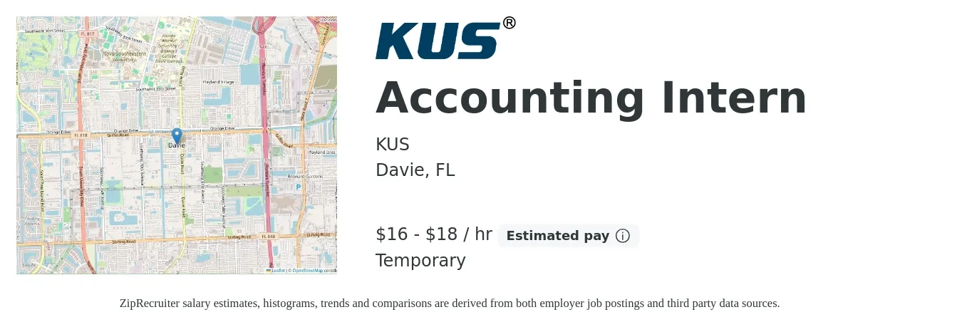 KUS job posting for a Accounting Intern in Davie, FL with a salary of $17 to $19 Hourly with a map of Davie location.