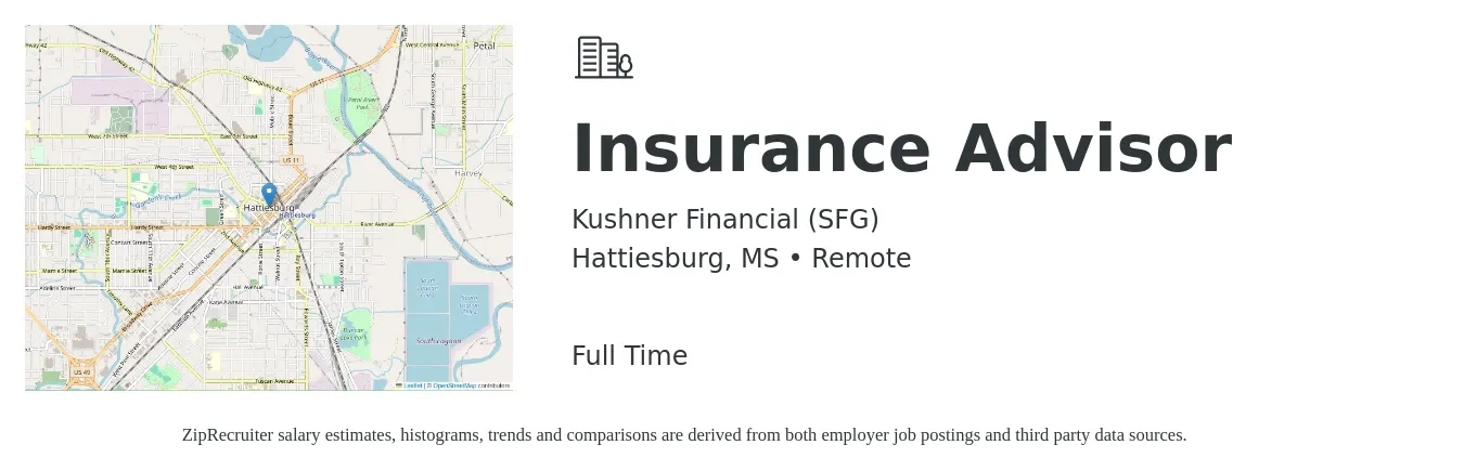 Kushner Financial (SFG) job posting for a Insurance Advisor in Hattiesburg, MS with a salary of $40,300 to $67,100 Yearly with a map of Hattiesburg location.