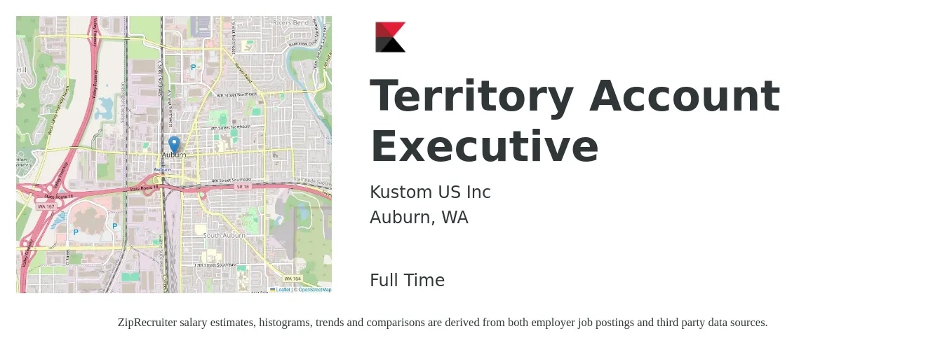 Kustom US Inc job posting for a Territory Account Executive in Auburn, WA with a salary of $76,400 to $95,600 Yearly with a map of Auburn location.