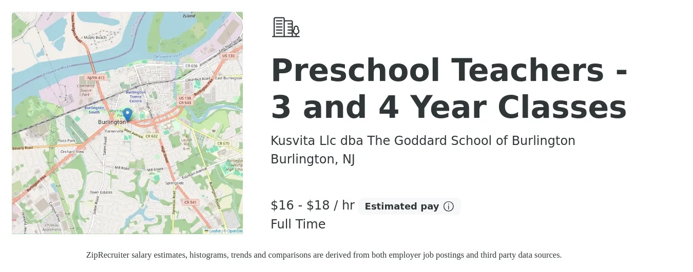 Kusvita Llc dba The Goddard School of Burlington job posting for a Preschool Teachers - 3 and 4 Year Classes in Burlington, NJ with a salary of $17 to $19 Hourly with a map of Burlington location.