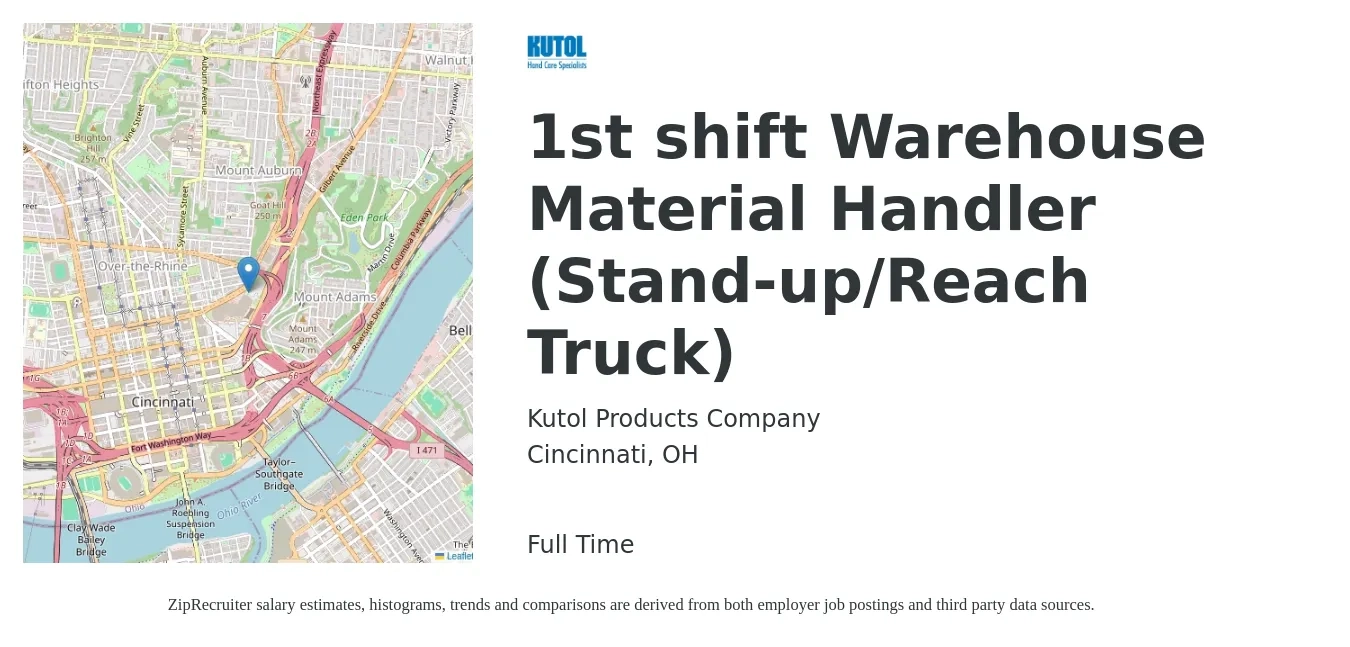 Kutol Products Company job posting for a 1st shift Warehouse Material Handler (Stand-up/Reach Truck) in Cincinnati, OH with a salary of $20 Hourly with a map of Cincinnati location.