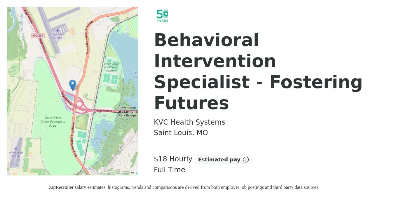 KVC Health Systems job posting for a Behavioral Intervention Specialist-Fostering Futures in Saint Louis, MO with a salary of $19 Hourly with a map of Saint Louis location.